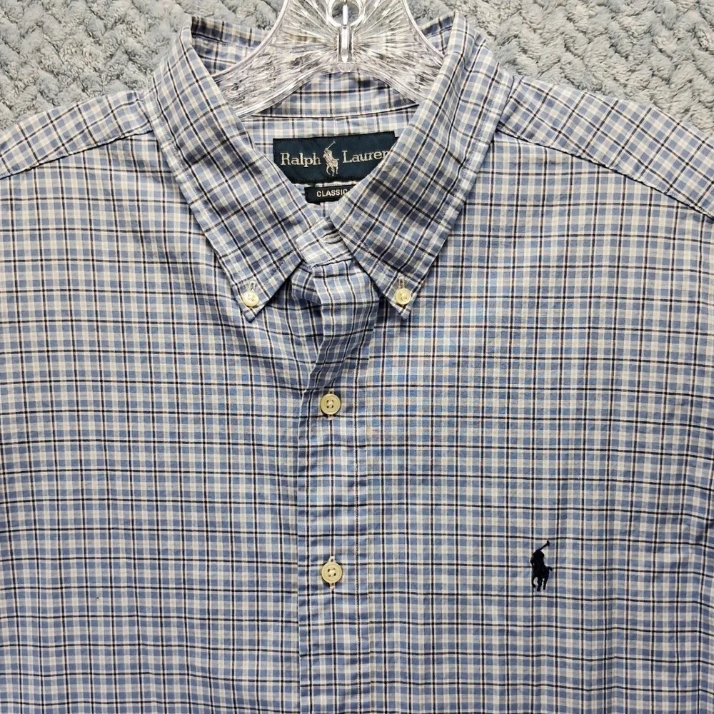 Polo Ralph Lauren Mens Classic Fit Plaid Button Down Shirt Blue White 17 34/35